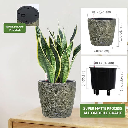 Dexceder 11x10 Self Watering Planter (Black Gold Crackle) | Inner Pot Design, Thickened Table Flower Plant Pot with Water Level Indicator Indoor Outdoor