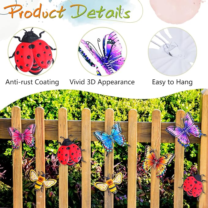 DEWEL 8 Pcs Metal Garden Decor for Outside, 3D Butterfly Ladybug Bee Outdoor Wall Art Decor, Colorful Hanging Decorations for Spring Garden Fence Patio Yard, Great Gift Choice