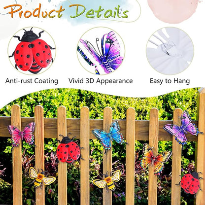 DEWEL 8 Pcs Metal Garden Decor for Outside, 3D Butterfly Ladybug Bee Outdoor Wall Art Decor, Colorful Hanging Decorations for Spring Garden Fence Patio Yard, Great Gift Choice