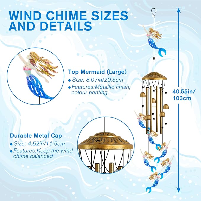 Mermaid Metal Wind Chimes Outdoor with S Hook, Housewarming Patio Decor | Wind Chimes for Outside & Loss of Loved One, Outdoor Clearance Mermaid Windchime, Housewarming Gift, Patio Garden Decor