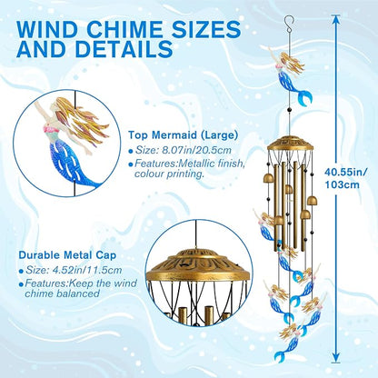 Mermaid Metal Wind Chimes Outdoor with S Hook, Housewarming Patio Decor | Wind Chimes for Outside & Loss of Loved One, Outdoor Clearance Mermaid Windchime, Housewarming Gift, Patio Garden Decor