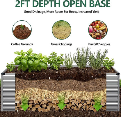 Vengarus 4x2x2ft Galvanized Raised Garden Bed,Metal Raised Beds Kit Silver | 2FT Deep Root Elevated Garden Planter Box, Corrugated Steel, Open Bottom, Rustproof All Weather, Large Vegetable Flower Bed