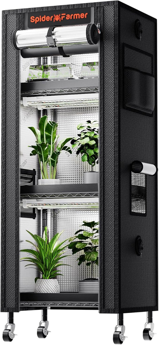 Spider Farmer 2026 Plant Stand with Grow Light, 4-Tier Rack 6Pcs 12" Full Spectrum 5000K LED Grow Lamps and Tent Cover Height Adjustable Small Greenhouse for Seedling Plant Indoor 16Lx12Dx47H (Update)