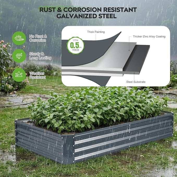 2Pack 6×3×1ft Galvanized Raised Garden Bed Kit, Metal Planter Boxes Outdoor, Large Raised Beds for Vegetables, Fruits, and Flowers - Grey