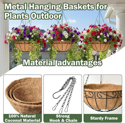 4 Pack 12 Inch Hanging Baskets for Plants Outdoor Metal Hanging Planter Basket with Coco Coir Liner Hanging Flower Baskets Hangings Flower Pots Holder for Garden, Patio(Flower)