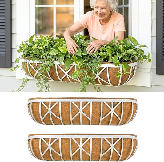 LaLaGreen 36 Inch, 2 Pack White Metal Window Planters-Wall Mount Flower Pots for Outdoor with Coco Coir Liner, Attach to House Flower Boxes Hanging Walls Plant Holders for Fence Balcony Porch, Patio