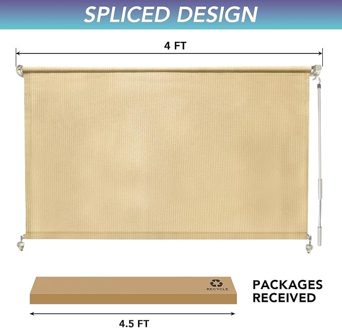 KANAGAWA Outdoor Roller Shade 4'X8' Sesame Exterior Cordless Patio Roll Up Shades for Outside Pergola Porch, Outdoor Blinds for Patio