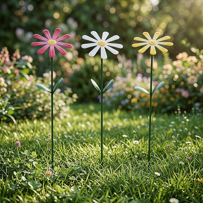 Topadorn Set of 3 Metal Daisy Garden Stakes, Decorative Flower Garden Stakes for Planters, Flower Beds, Lawn & Patio, 14.5 Inch