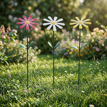 Topadorn Set of 3 Metal Daisy Garden Stakes, Decorative Flower Garden Stakes for Planters, Flower Beds, Lawn & Patio, 14.5 Inch