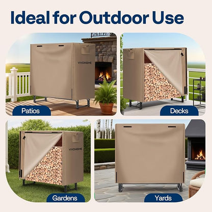 VIVOHOME 4 ft Heavy Duty Firewood Rack Outdoor with Cover, Fire Wood Storage Rack, Log Holder and Cover Combo Set with Zipper, Brown