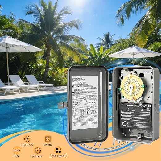 T104R Pool Timer Replacement, 24-Hour Mechanical Timer Switch for Pool Pump | 208-277V 40A DPST Mechanical pool timers, in a Type 3R outdoor metal box - 24-hour timers for Pump Lights HVAC Systems