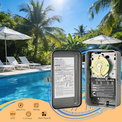 T104R Pool Timer Replacement, 24-Hour Mechanical Timer Switch for Pool Pump | 208-277V 40A DPST Mechanical pool timers, in a Type 3R outdoor metal box - 24-hour timers for Pump Lights HVAC Systems