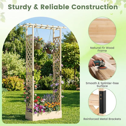 Giantex Wooden Raised Garden Bed with Trellis & Hanging Roof, Fir Wood Planter Box, 89” Freestanding Elevated Garden Bed for Outdoor Climbing Plants Vegetables Flowers, Patio & Balcony, Natural