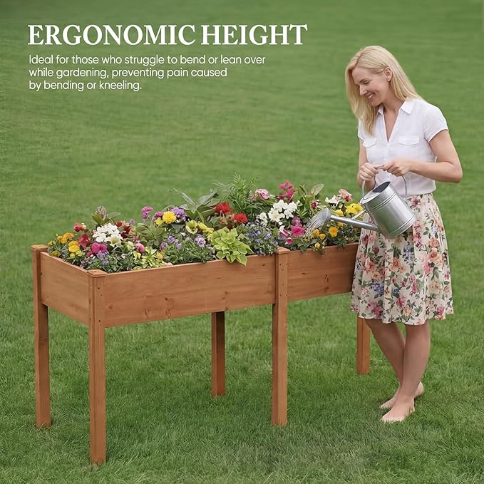 DUMOS Raised Garden Bed 72x23x30 Inch, Outdoor Planter Box with Legs, Elevated Wood Garden Bed with Liner for Herbs Flowers Vegetables, Wooden Planter Box for Patio, Balcony, Backyard, Brown