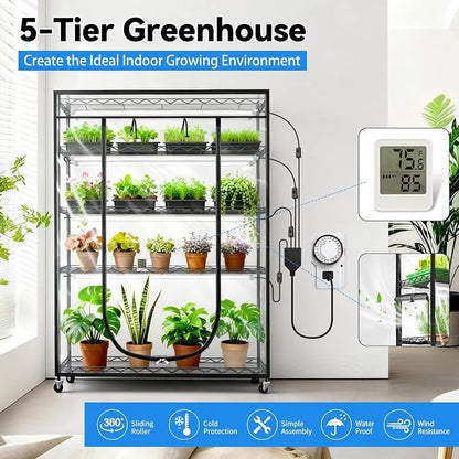 JESLED Indoor Greenhouse with Grow Light, 47.2x13.8x70IN | 4FT Full Spectrum 5000K LED for Seed Starting, Tiered Lighting Control, Built-in Timer & Thermo-Hygrometer