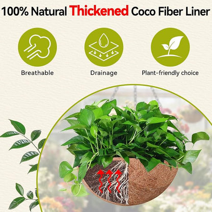 Halatool 2 Pack 14 Inch Hanging Baskets with Coco Liners, Rustproof Metal Flower Planters with Chain Hooks, No Tool Needed Heavy Duty Hanging Pots for Outdoor Patio Balcony Decor