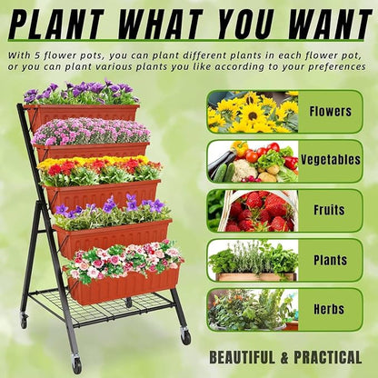 Homdox 2 Pack Vertical Garden Bed, 5 Tiers Vertical Raised Garden Planter, 23 * 26 * 45Inch Outdoor Garden Raised Bed with 4 Hooks, Vegetable Flower Planter Raised Stand for Garden Patio Yard, Brown