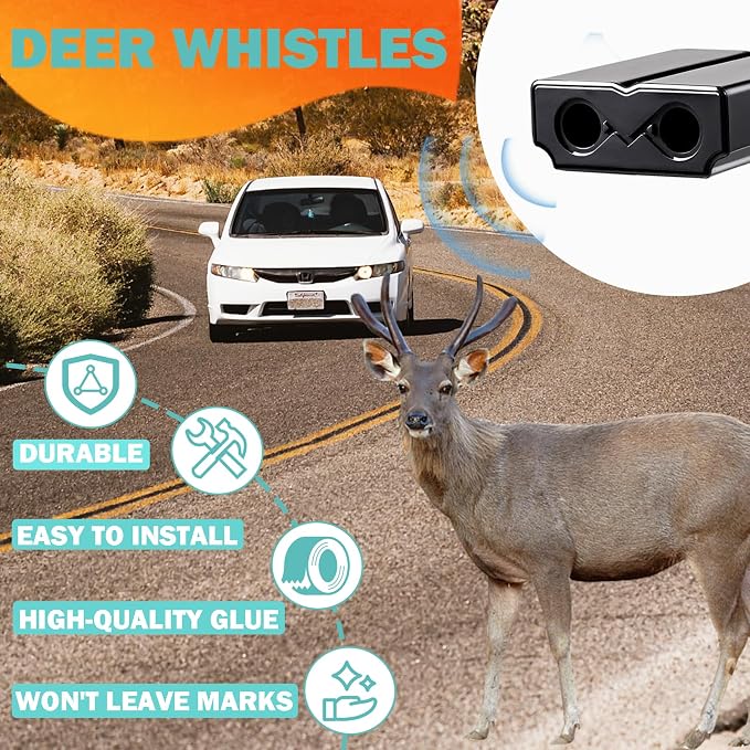 Deer Whistles for Car - Deer Horn for Vehicles, Trunks, Motorcycle, SUV, Deer Deterrent Warning Devices Animal Alert for Cars with Extra Tapes（4 Pack）