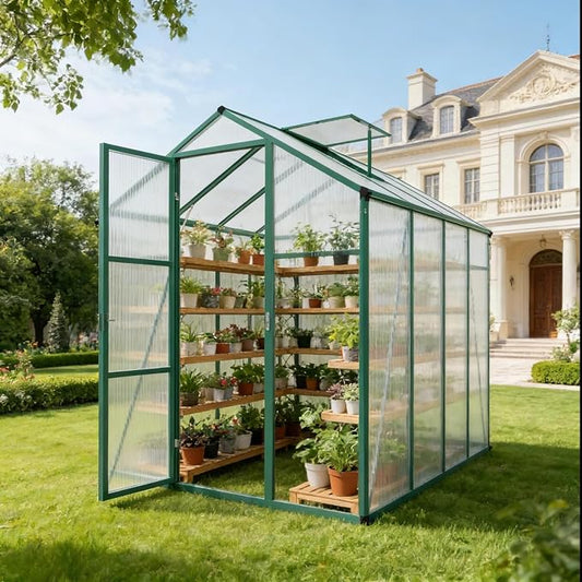 6x10 FT Greenhouse, Walk-in Heavy Duty Polycarbonate Outdoor Greenhouses with Raised Base & Anchor, Height-Enhanced Aluminum Frame, & Drainage System for Backyard All Season Growing, Green