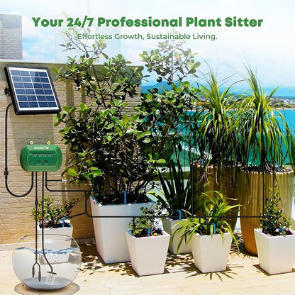 Solar Drip Irrigation System, Automatic Watering Kit with Split Design & Anti-Siphon Valve, 12 Modes Garden Irrigation System with 49ft Hose for 15 Potted Plants, Patio, Balcony & Greenhouse