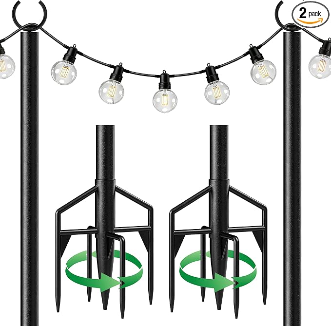 LAND·VOI String Light Poles 2 Pack, Heavy Duty Outdoor Light Poles with Upgraded 5‑Prong Base, Anti‑Bending Stable Design for Backyard Patio Garden Wedding Party Decoration