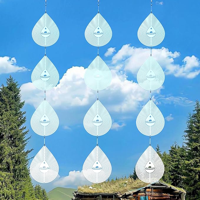 Water Droplets Bird Scare Discs Wind Spinners Outdoor, Highly Reflective Metal Double-Sided Bird Reflectors Extra Sparkly Garden Decor, Bird Deterrents for Outside Patio Porch, Unique Gardening Gifts