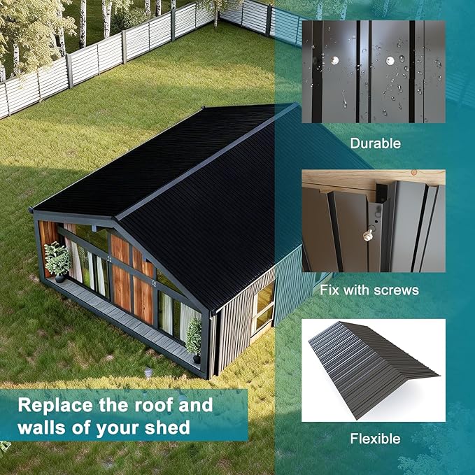 NeatiEase 10 Pcs Metal Roofing Panels, 5.1 Feet Corrugated Galvanized Roofing Panels Metal Siding Panels with Steel Screws for Pergola, Gazebo, Shed, Outdoor Storage, Chicken Coop,Garages (Black)