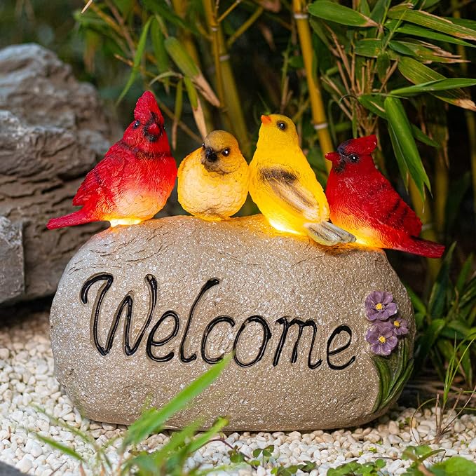 Solar Garden Statues Outdoor Decor, Welcome Sign Garden Sculptures Statue Novelty Birds Figurine Decoration for Patio Yard Porch Art Home Decor or Gifts for Mom Grandma