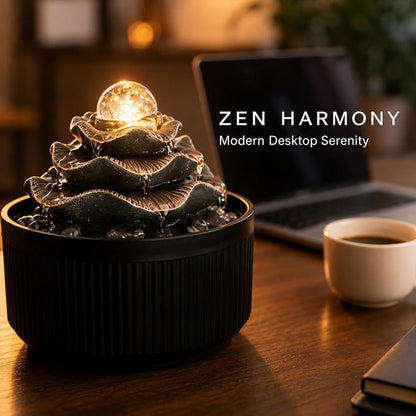 Indoor Tabletop Water Fountain - 3-Tier Lotus Leaf Design Waterfall with Warm Glowing LED & Rotating Ball, Zen Home Decor for Living Room Bedroom, Unique Housewarming Gift Idea