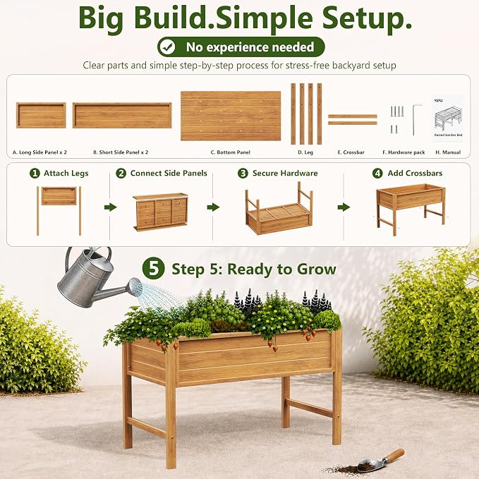 YEFU 48" Raised Garden Bed with Legs, HIPS Outdoor Garden Bed, Teak | Raised Garden Bed with Legs for Patios & Decks, 30" Height, Wood-Look HIPS, Drainage, 385 lbs Support for Vegetables & Herbs