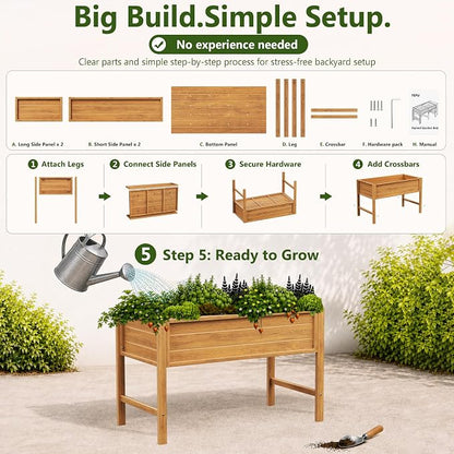 YEFU 48" Raised Garden Bed with Legs, HIPS Outdoor Garden Bed, Teak | Raised Garden Bed with Legs for Patios & Decks, 30" Height, Wood-Look HIPS, Drainage, 385 lbs Support for Vegetables & Herbs