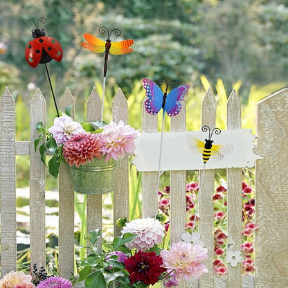 4Pcs Metal Insects Garden Stakes, 16" H Rustic Butterfly, Bee, Dragonfly, Ladybug Stake, Decorative Spring Outdoor Garden Decor Planter Flower Pot Metal Stick for Patio,Lawn,Yard,Pathway