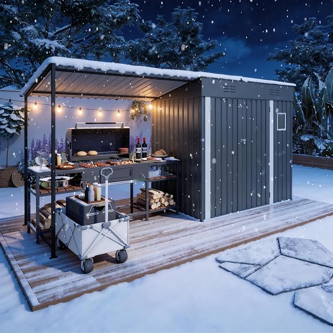 YOPTO 12x4 FT Metal Lean to Shed with Open-Sided Pergola,4x6 FT Outdoor Storage Shed & 6x4 FT Attached Hardtop Gazebo Combo,2-in-1 Durable Garden Tool Shed for Patio, Backyard, Deck,Gray