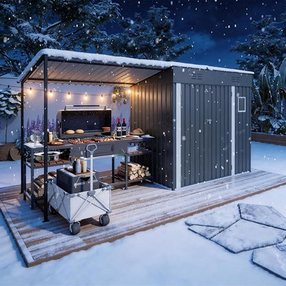 YOPTO 12x4 FT Metal Lean to Shed with Open-Sided Pergola,4x6 FT Outdoor Storage Shed & 6x4 FT Attached Hardtop Gazebo Combo,2-in-1 Durable Garden Tool Shed for Patio, Backyard, Deck,Gray