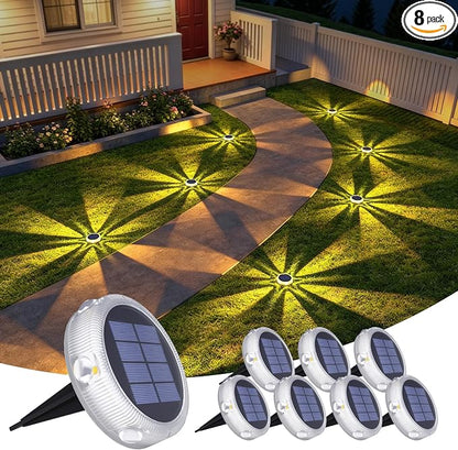 YiLaie Solar Lights Outdoor Pathway,8 Pack Solar Walkway Lights IP68 Waterproof,Solar Disk Lights Stick & Stake,Driveway Lights for Garden Yard Sidewalk Step Deck,Warm White