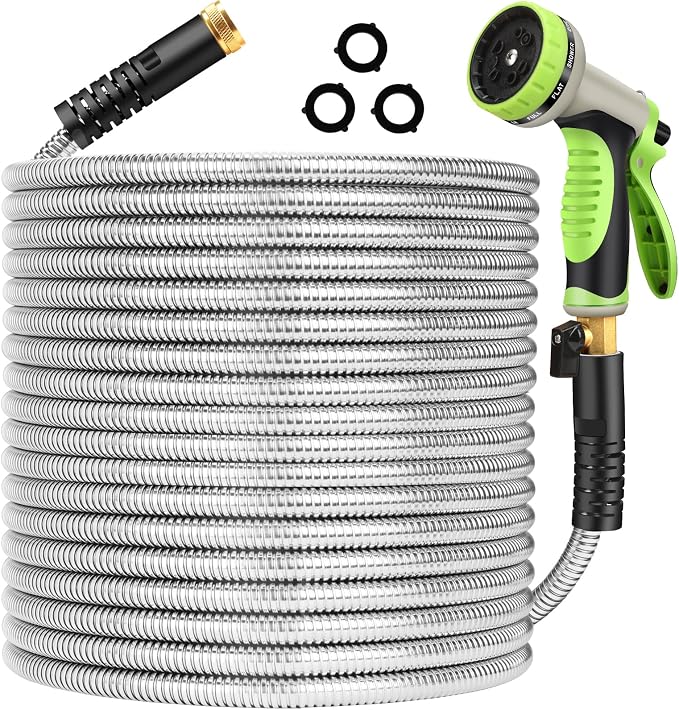 Metal Garden Hose 75 ft Stainless Steel Water Hose Heavy Duty Flexible Lightweight Durable Long No Kink Hoses Pipe with 10 Function Nozzle Strong 3/4’’ Solid Brass Fitting for Outdoor Yard