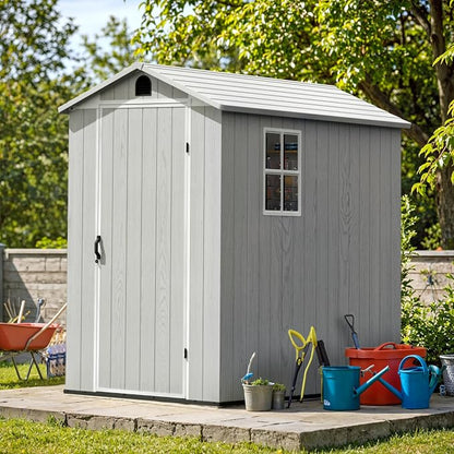 Greesum 4x6FT Plastic Storage Shed with Floor, Resin Outdoor Storaged Sheds with Lockable Door, All Weather Tool Shed with Window and Vent, Easy Assembly for Garden, Patio, Yard, Light Gray