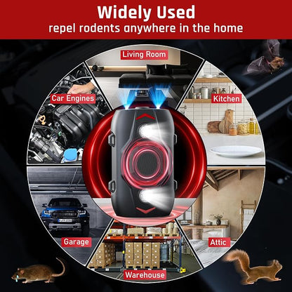 Ultrasonic Rodent Repeller for Car, Under Hood Mouse Repellent with 4 LED Strobe Lights – Battery, USB & Engine Powered, Drives Rats, Mice & Squirrels from Vehicles, Warehouses, Garages