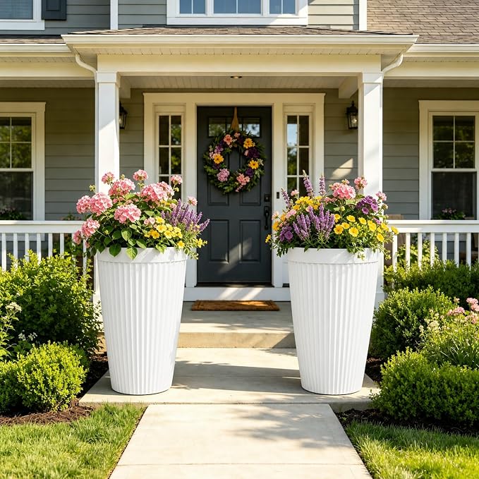 2-Pack 20" Matt White Resin Tall Planters with Fluted Texture | Set of 2 resin tall planters with ceramic look, fluted texture, drainage plugs, and UV-resistant finish for porch or patio