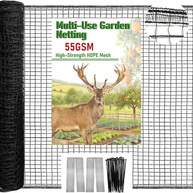 4 x 75ft Deer Fence Netting, Heavy Duty Plastic Mesh Plastic Fence Deer Netting, 55GSM Deer Fence for Garden, Reinforced Edges Anti Bird Netting Mesh for Trees Vegetable Raised Bed(55GSM, 4 x 75ft)