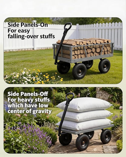 GarveeTech 1200LBS Heavy Duty Steel Garden Cart, Garden Wagon Cart on Wheels, Metal Yard Utility Wagon with Removable Mesh Sides, 13" All Terrain Tires, 180° Rotating Handle for Lawn, Garden, Farm