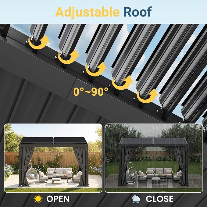 10' x 12' Louvered Pergola, Aluminum Frame Outdoor Pergola with Adjustable Louvered Roof, Curtains & Netting, Patio Hardtop Gazebo with Gutter System for Deck, Garden, Yard, Dark Gray