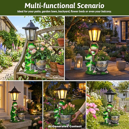 Solar Frog Outdoor Garden Statue with Flowerpot & Lantern | Resin Frog Figurine for Yard Art Lawn Ornaments Porch Patio Balcony - Gifts for Housewarming Birthday