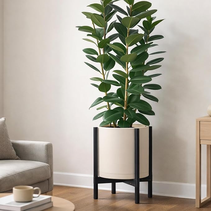 D'vine Dev Plastic Pot with Ebony Wood Stand, Oatmeal, 14 in, 55-C-T-4 | Mid-Century Inspired Design, Elevated Plant Display, Clean Lines, Sturdy Support, Modern Space-Saving Style