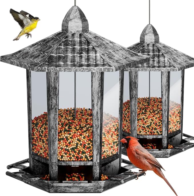 Birdream 2 Pack Bird Feeders for Outdoor, Retro Pagoda Design Fun Installation Bird Feeder, Attracting Wild Birds Chickadees Goldfinches Cardinals Finches and Sparrows - Retro Silver