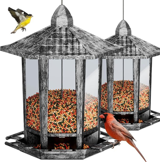 Birdream 2 Pack Bird Feeders for Outdoor, Retro Pagoda Design Fun Installation Bird Feeder, Attracting Wild Birds Chickadees Goldfinches Cardinals Finches and Sparrows - Retro Silver