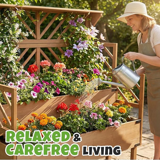 Raised Garden Bed with Trellis & 2 Planter Boxes, Elevated Planter Box with Drainage Slits Liner & Top Shelf, for Climbing Plants, Flowers, Vegetables, Herbs, Backyard Balcony Patio