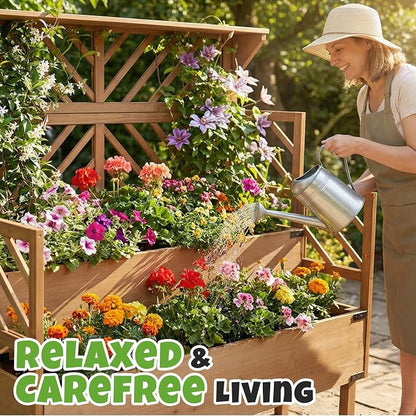 Raised Garden Bed with Trellis & 2 Planter Boxes, Elevated Planter Box with Drainage Slits Liner & Top Shelf, for Climbing Plants, Flowers, Vegetables, Herbs, Backyard Balcony Patio
