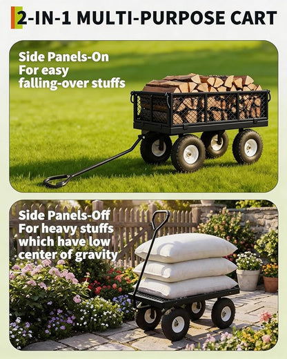 GarveeTech 400LBS Heavy Duty Steel Garden Cart, Garden Wagon Cart on Wheels, Metal Yard Utility Wagon with Removable Mesh Sides, 10" All Terrain Tires, 180° Rotating Handle for Lawn, Garden, Farm
