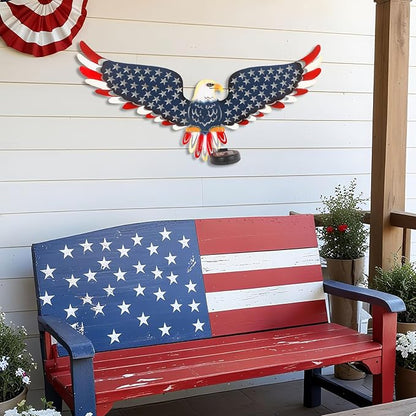 23" American Eagle Metal Wall Art with Solar Lights Outdoor - 4th of July Decorations Outdoor | Led-lit Patriotic Sculpture with American Flag | Solar Powered Independence Day Decor for Yard & Porch